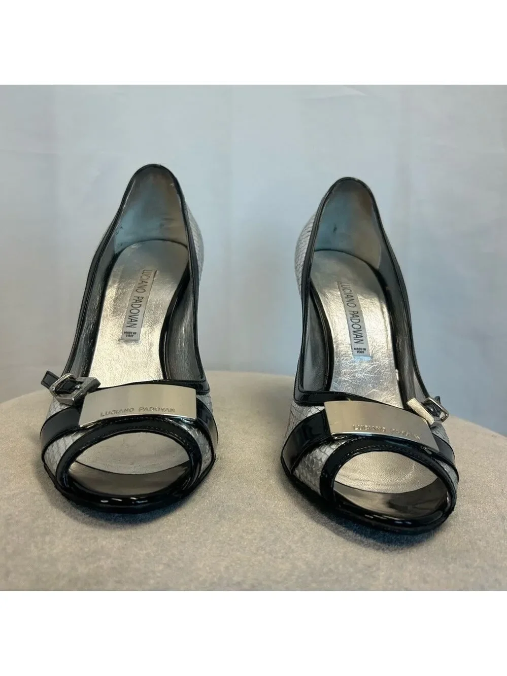 Luciano Padovan metallic silver snake embossed black trim high heels 39 leather